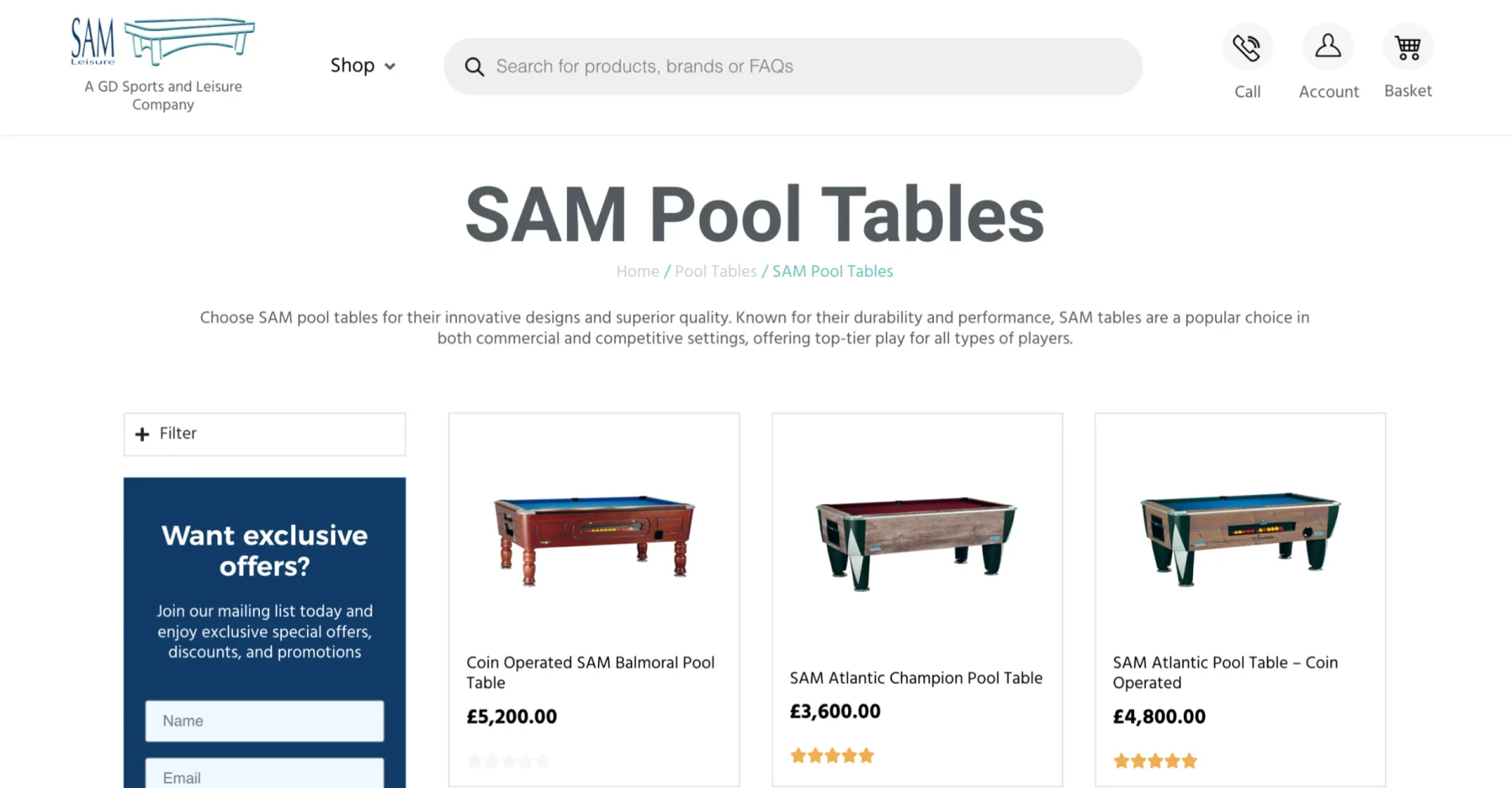 SAM Leisure category page with the hero image removed, products visible immediately