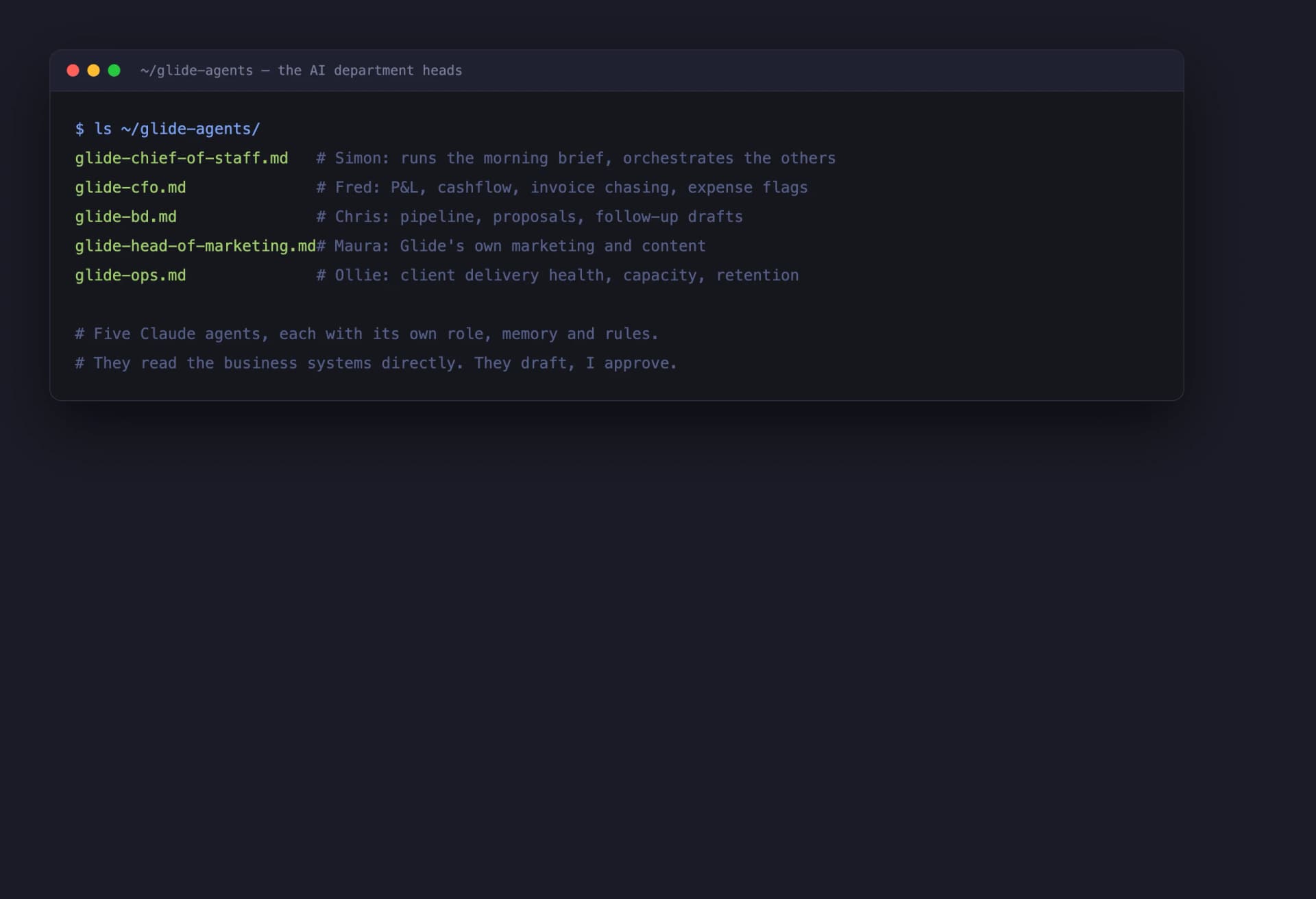 The five Glide AI agents listed in the terminal: Chief of Staff, CFO, BD, Marketing and Ops