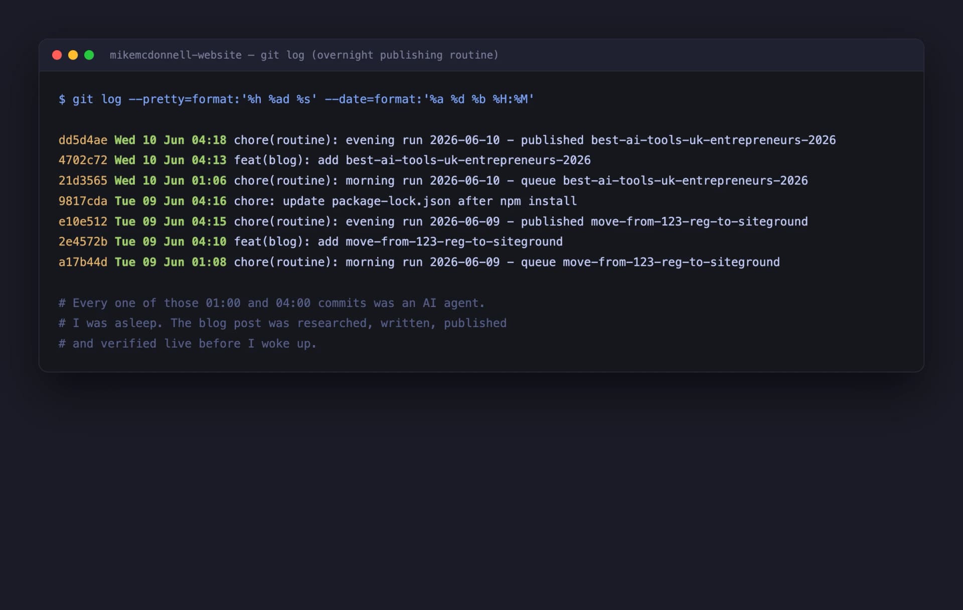 Git commit log showing Glide blog posts published by AI agents at 1am and 4am