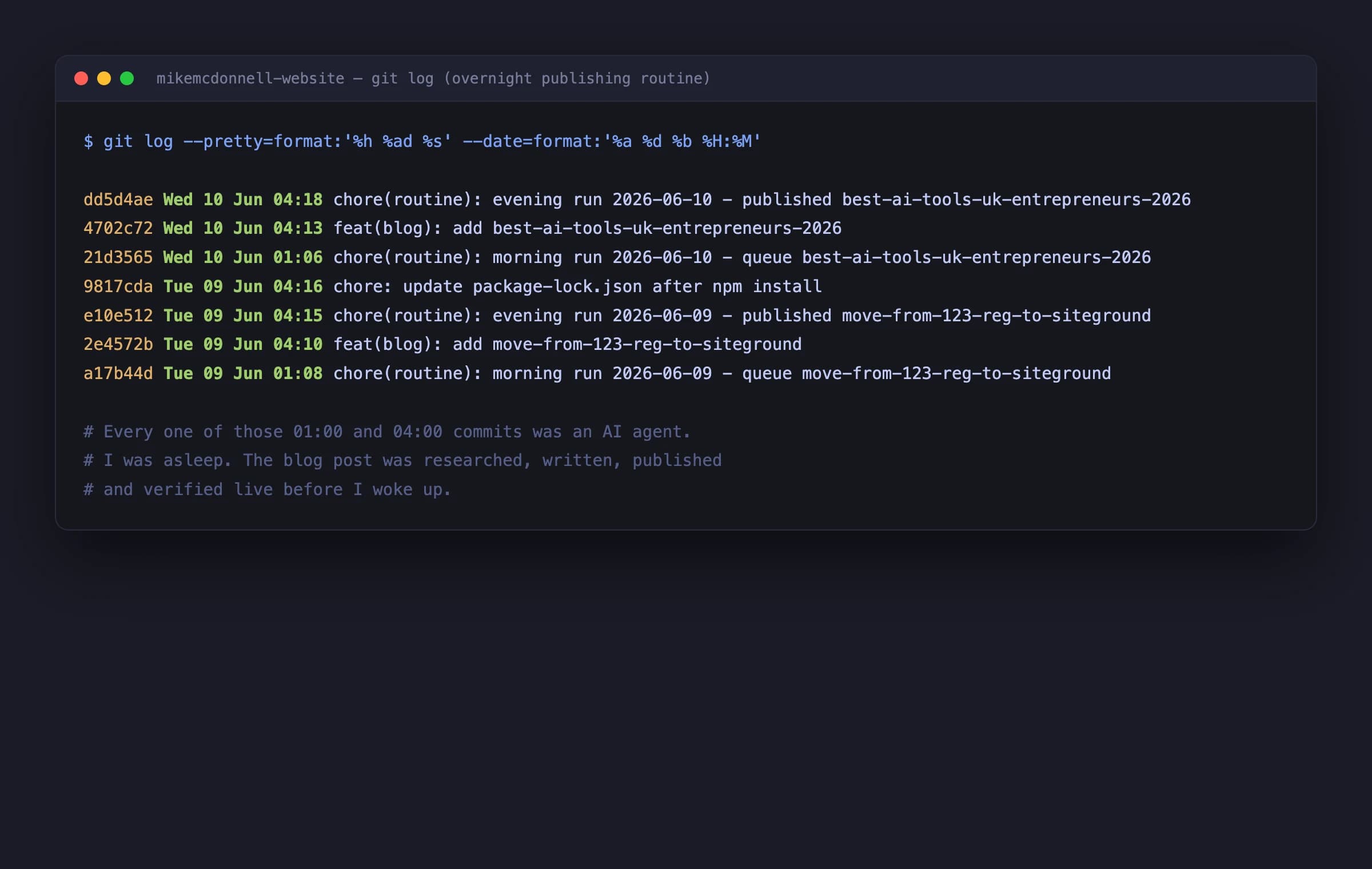 Git commit log showing AI agents publishing pages and updates overnight at 1am and 4am while Mike was asleep