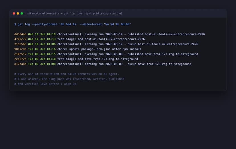 Git commit log showing Glide blog posts published by AI agents at 1am and 4am