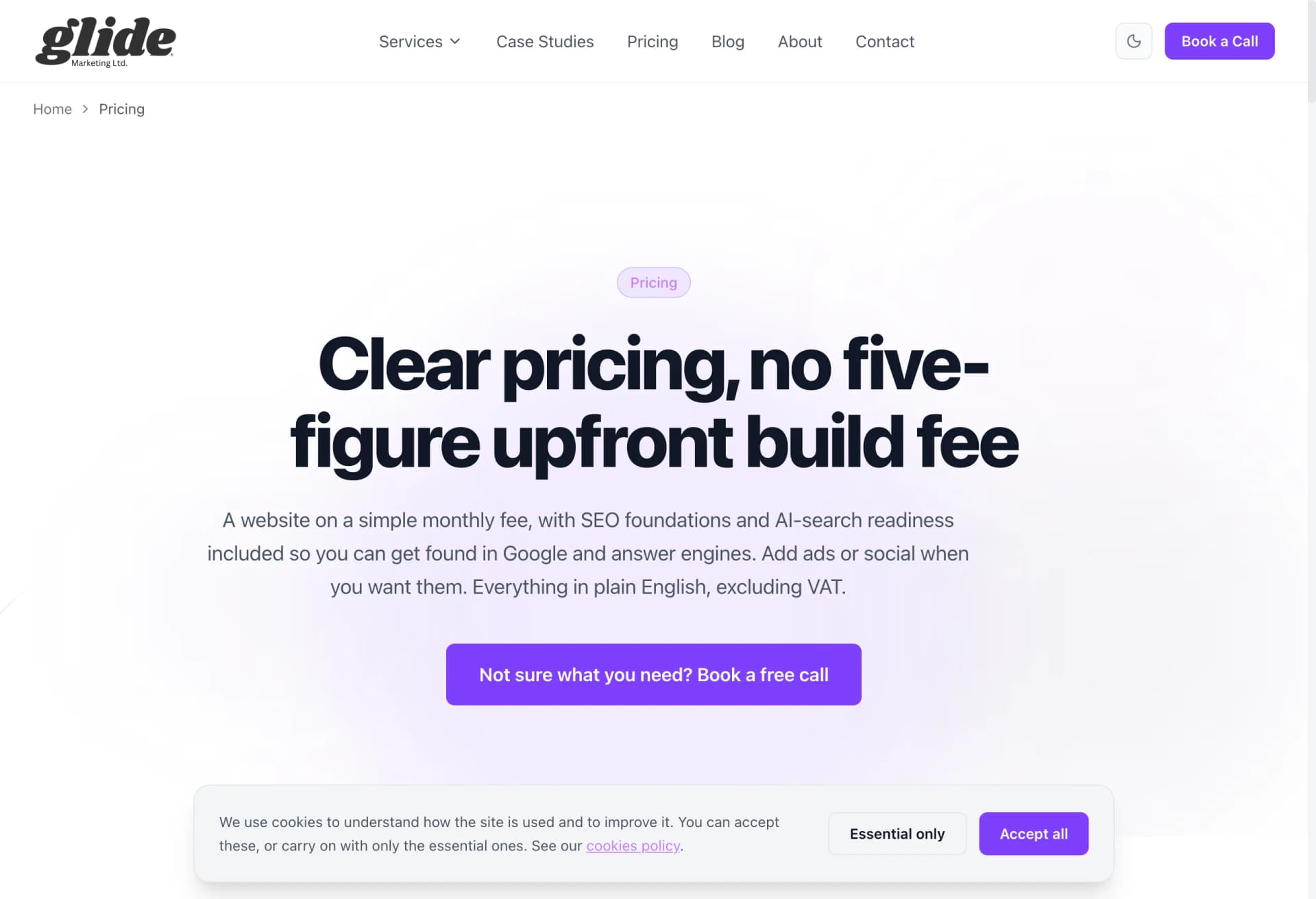 Glide pricing page: website subscriptions at £150 and £350 a month, prices public