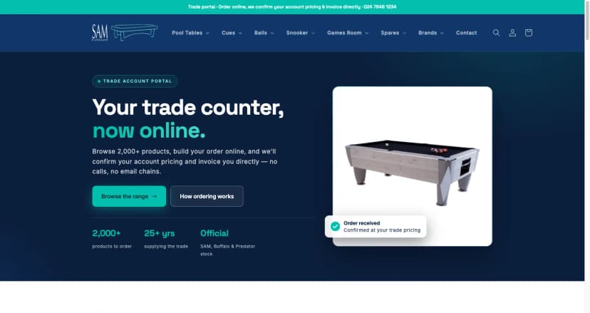 A real Shopify trade store Glide built: SAM Leisure wholesale storefront