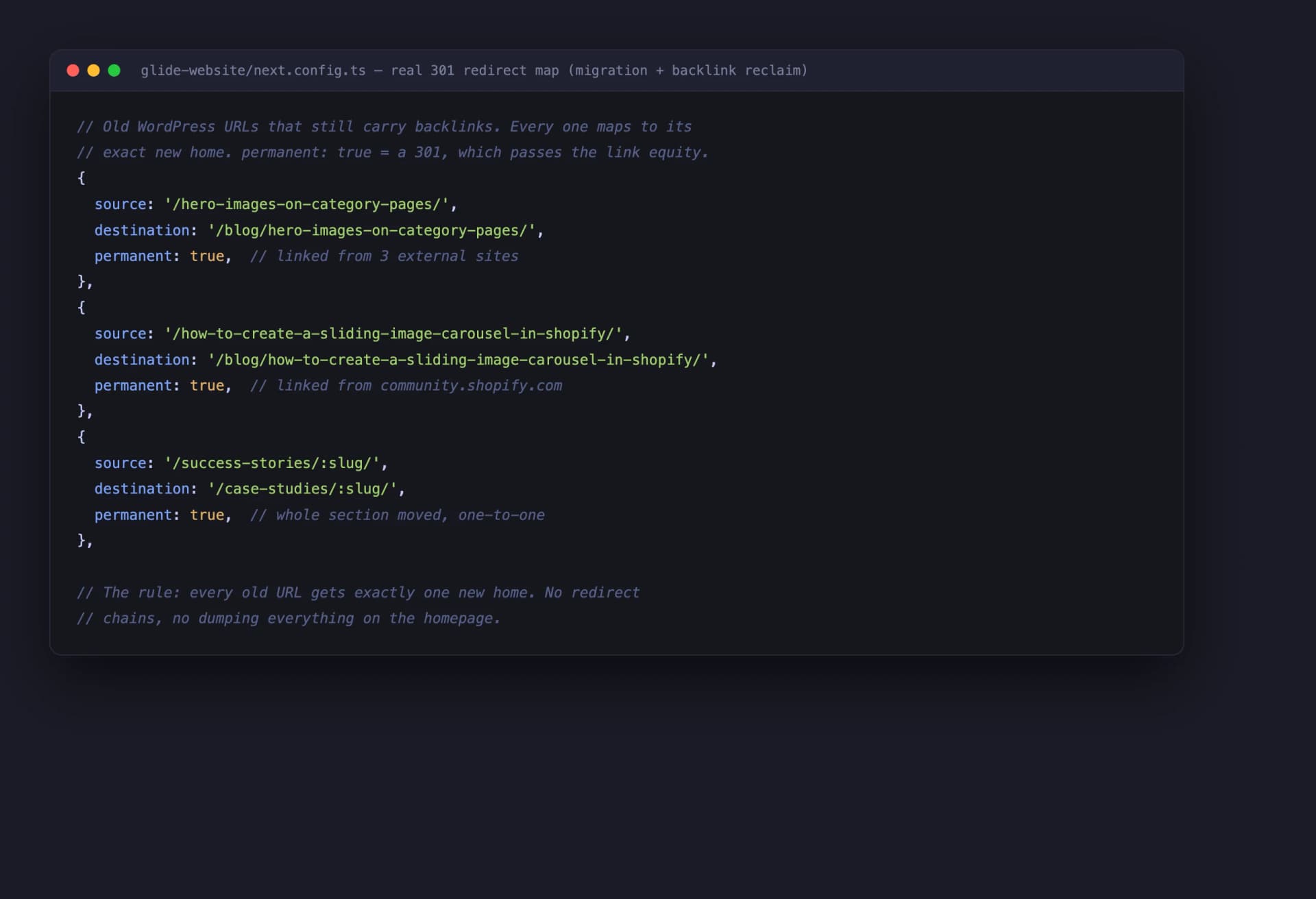 A real 301 redirect map from Glide's own codebase: every old URL mapped to exactly one new home