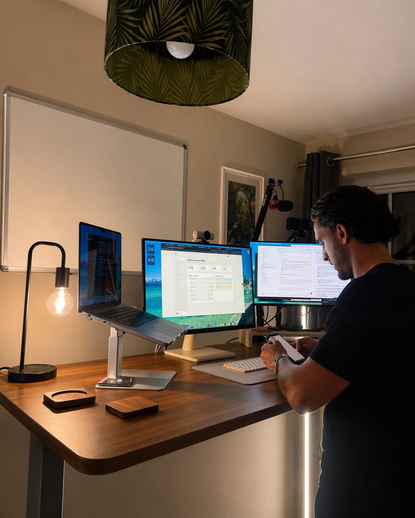 Mike McDonnell, founder of Glide Marketing, working at his desk in Essex