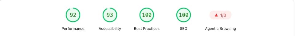 PageSpeed Insights for glidemarketing.co.uk on mobile: Performance 92, Accessibility 93, Best Practices 100, SEO 100, Agentic Browsing 1 of 3