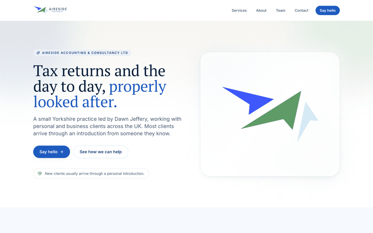 Aireside Accounting website built by Glide