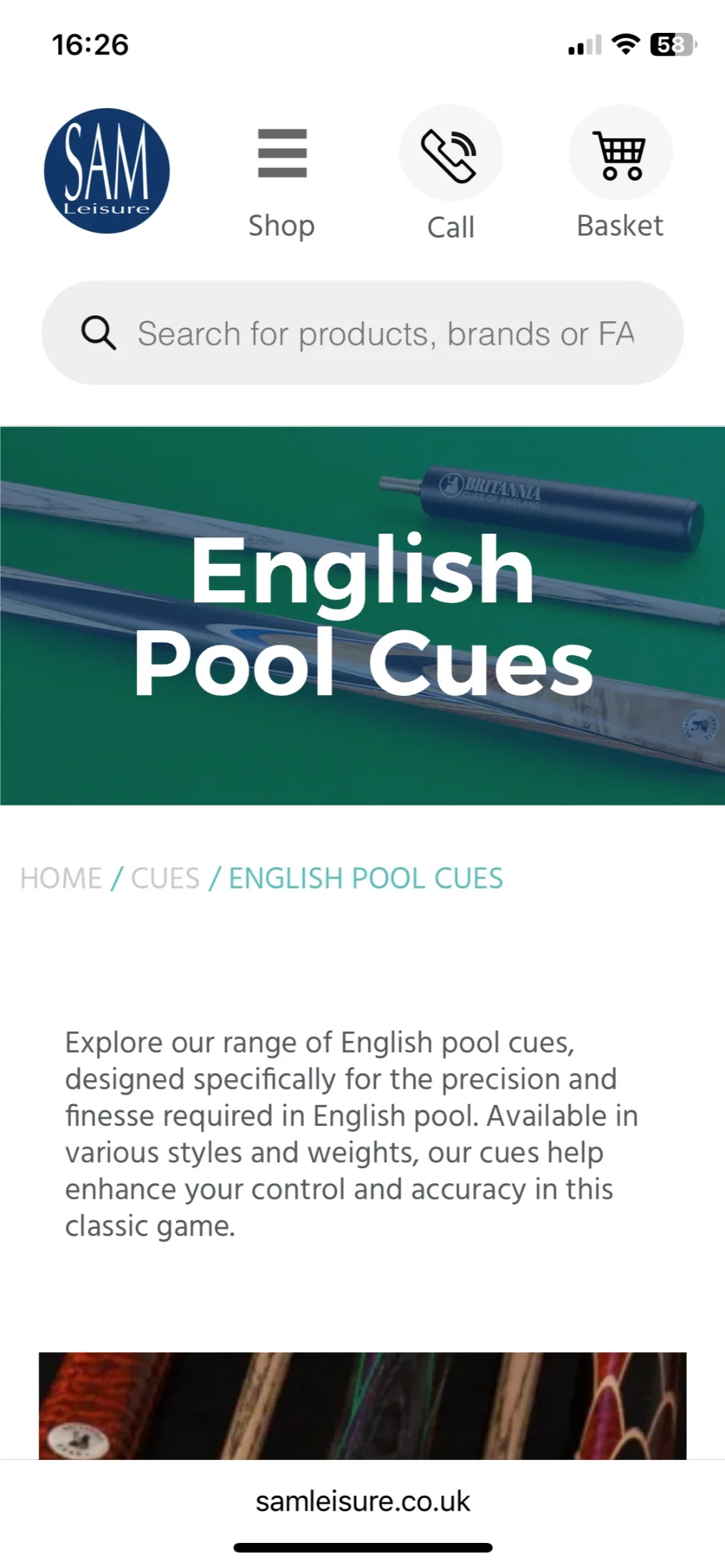 SAM Leisure Website Screenshot with hero image (mobile)