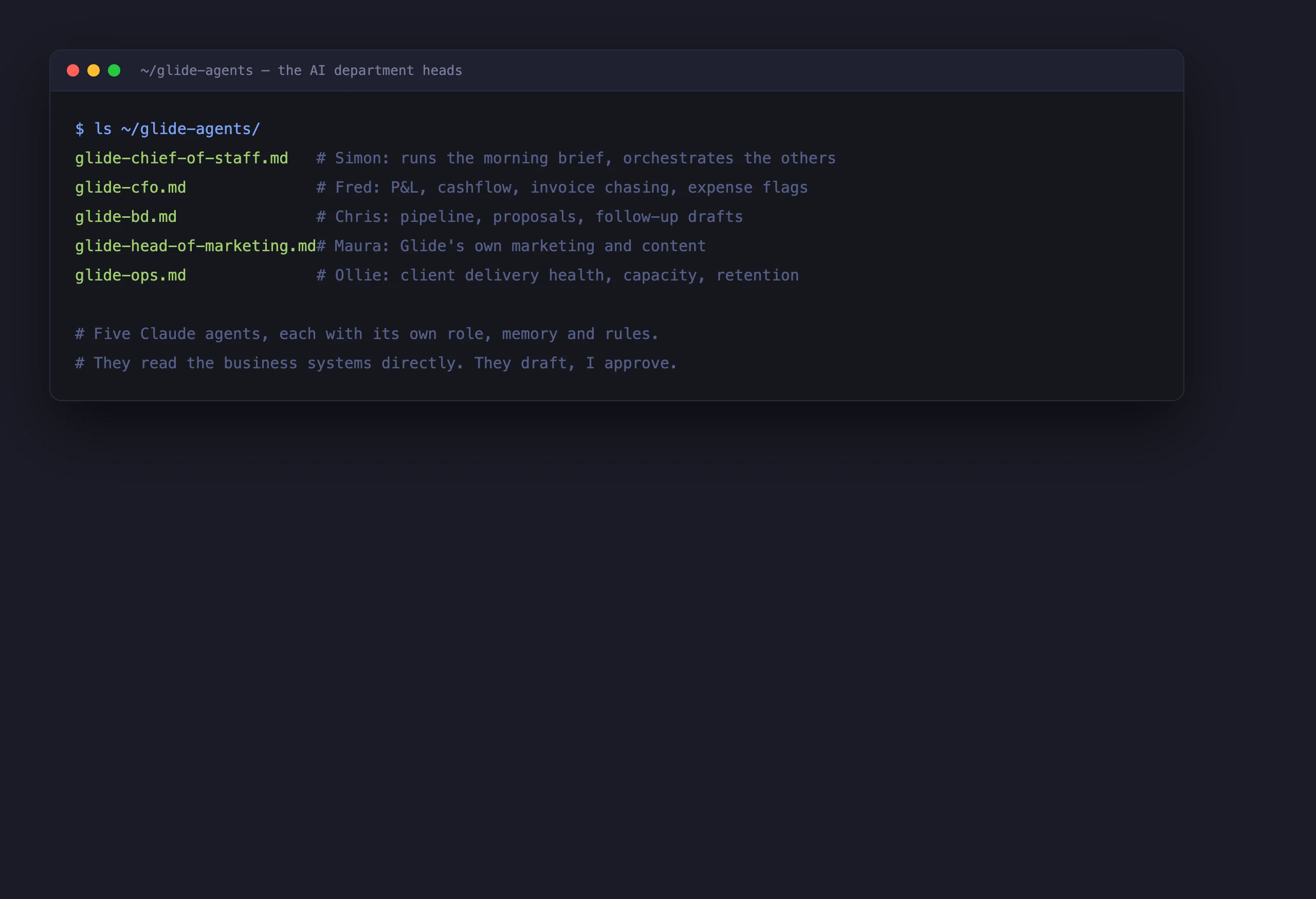 Terminal listing of the five Glide AI agents and their roles