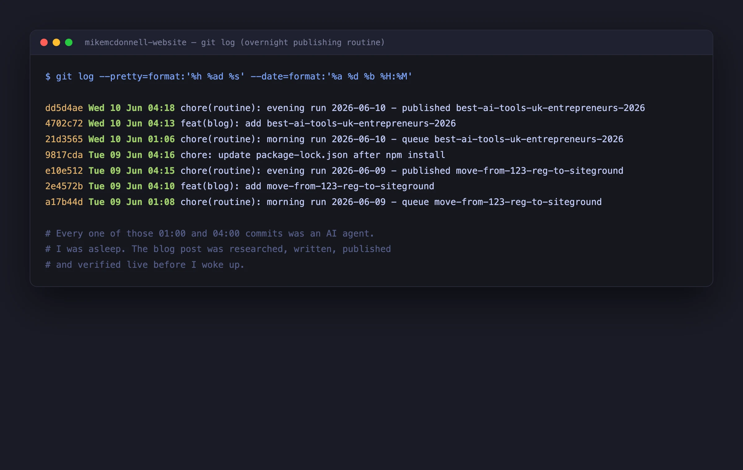 Git log showing posts published at 1am and 4am by the overnight routine