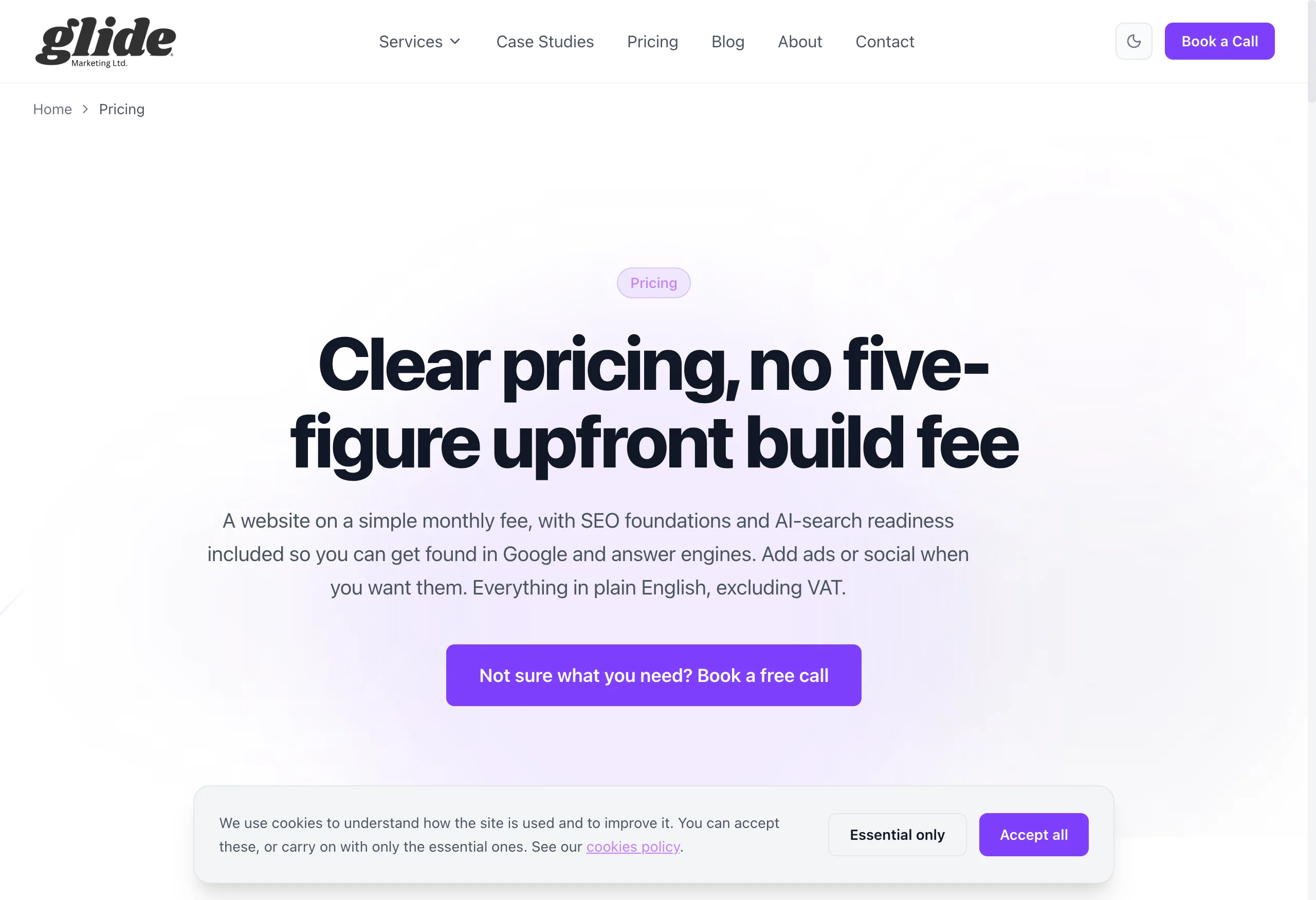 Glide's public pricing page showing Lite £150 and Growth £350 monthly website plans