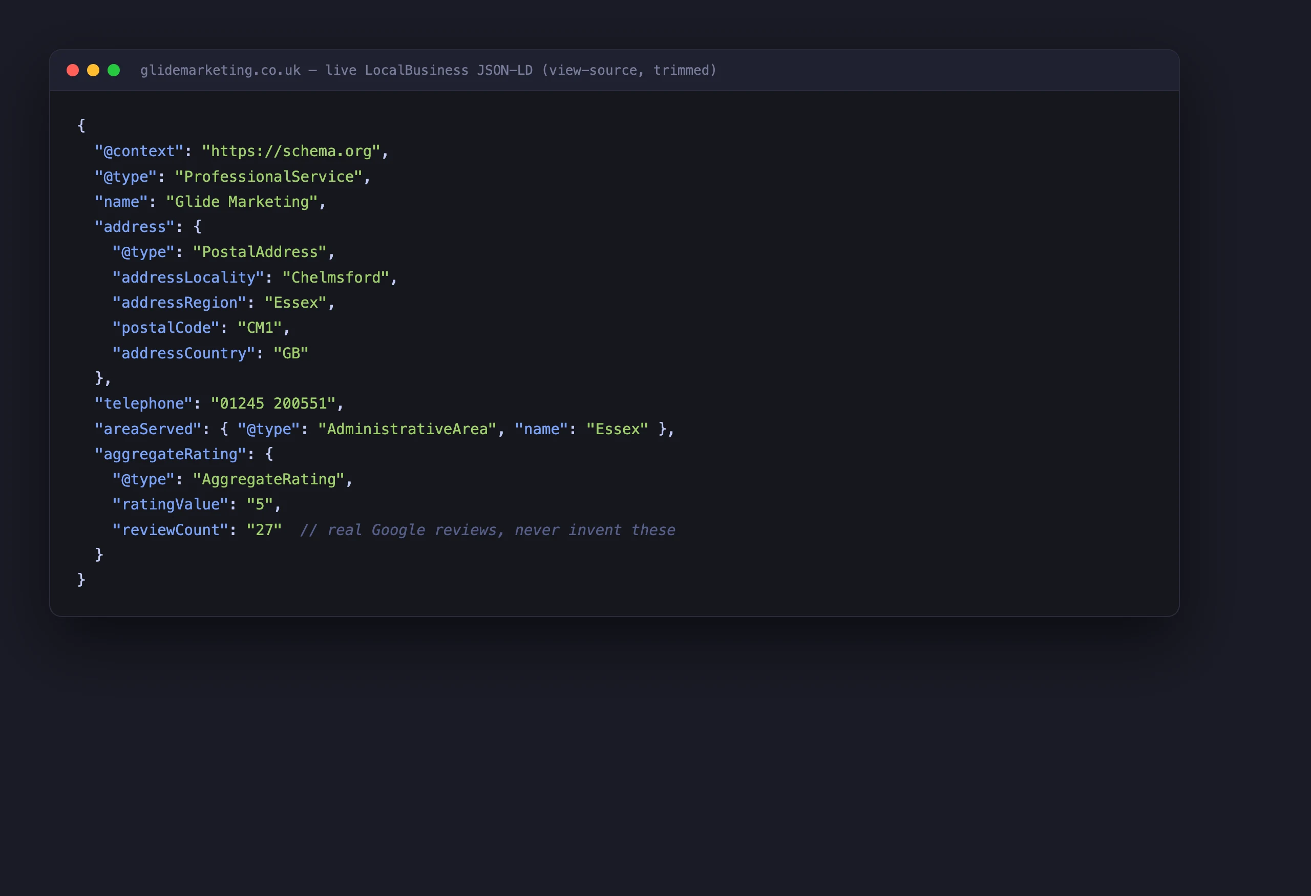 Live LocalBusiness JSON-LD from glidemarketing.co.uk showing address, phone, area served and a 5.0 rating from 27 reviews