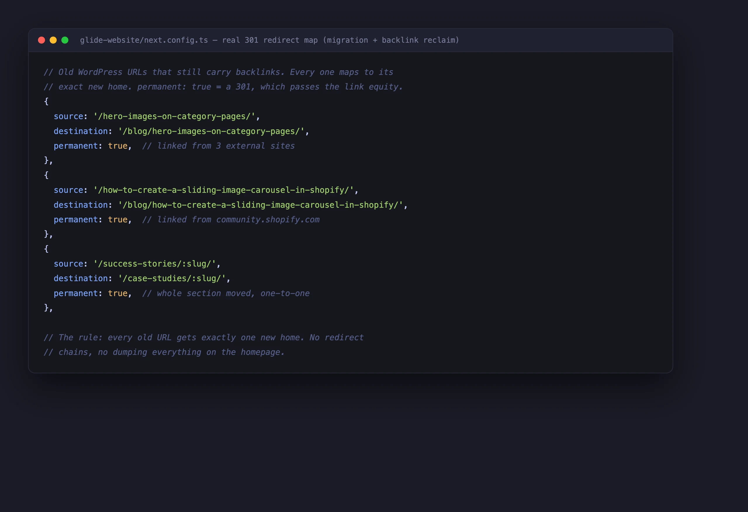 Real 301 redirect rules from Glide's own next.config: old WordPress URLs mapped one-to-one to new blog URLs